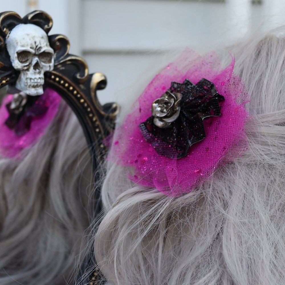 New Halloween Pink Rose Net Pinwheel Clip - Hand Crafted Hot Pink & Blank